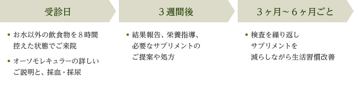 【受診日】お水以外の飲食物を8時間控えた状態でご来院。オーソモレキュラーの詳しいご説明と、採血・採尿。【3週間後】結果報告、栄養指導、必要なサプリメントのご提案や処方。【3ヶ月～6ヶ月ごと】検査を繰り返しサプリメントを減らしながら生活習慣改善。